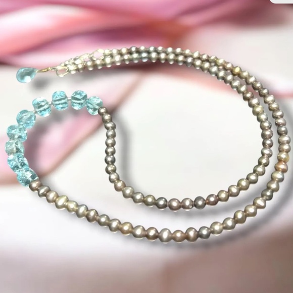 Solid 14k White Gold Natural Pearl, Sky Blue Topaz Necklace 17.5" - 18.1" - Picture 9 of 9